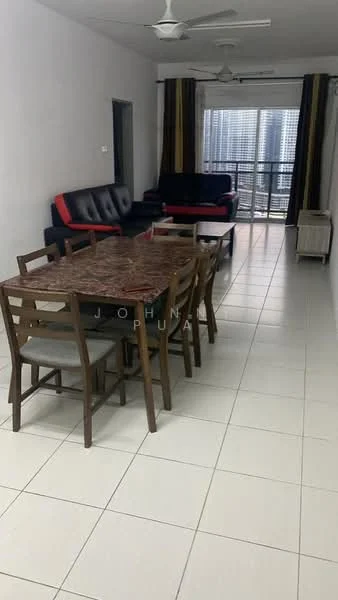 Living features: 3-seater fabric sofa in black, 2-seater fabric sofa in red, coffee table, TV console, wall-mounted TV, area rug, ceiling fan, floor-to-ceiling windows with sheer curtains, tiles flooring, decorative wall with artwork; style: modern; view: city. Dining features: 6-seater dining table with marble top, wooden dining chairs, tiles flooring; style: modern.