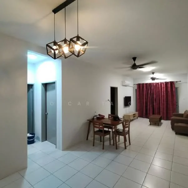 Living features: white painted walls, white ceiling, recessed downlights, 5-blade ceiling fan, 3-seater fabric sofa in brown, wooden coffee table, TV console, wall-mounted TV, area rug, dining table with 4 chairs, curtains in red, tile flooring; style: modern. Room features: door leading to bathroom, door leading to utility area.
