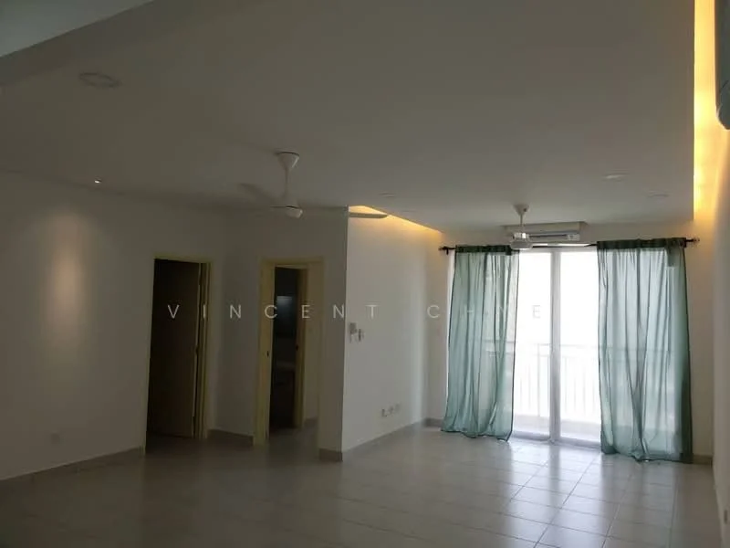 Living features: white painted walls, tile flooring, 5-blade ceiling fan with light, recessed downlights, floor-to-ceiling windows, sheer curtains, sliding glass door, balcony access, air conditioning unit; style: modern; view: city. Room features: doorway leading to another room.