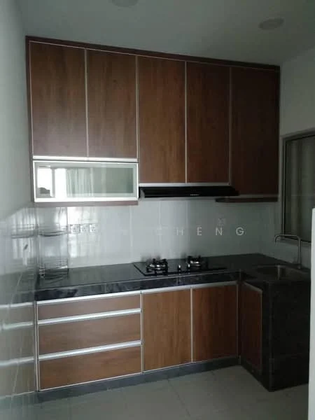 Kitchen features: brown wooden cabinetry, black granite countertop, stainless-steel range hood, 4-burner gas hob, single-bowl stainless-steel sink, wall-mounted cabinets, white tiled backsplash, grey tiled flooring; style: modern.