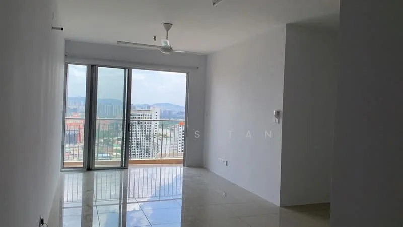 Living features: white painted walls, glossy marble tile flooring, floor-to-ceiling windows, sliding glass door, 5-blade ceiling fan with light, city view, natural light, open layout; style: modern; view: city.
