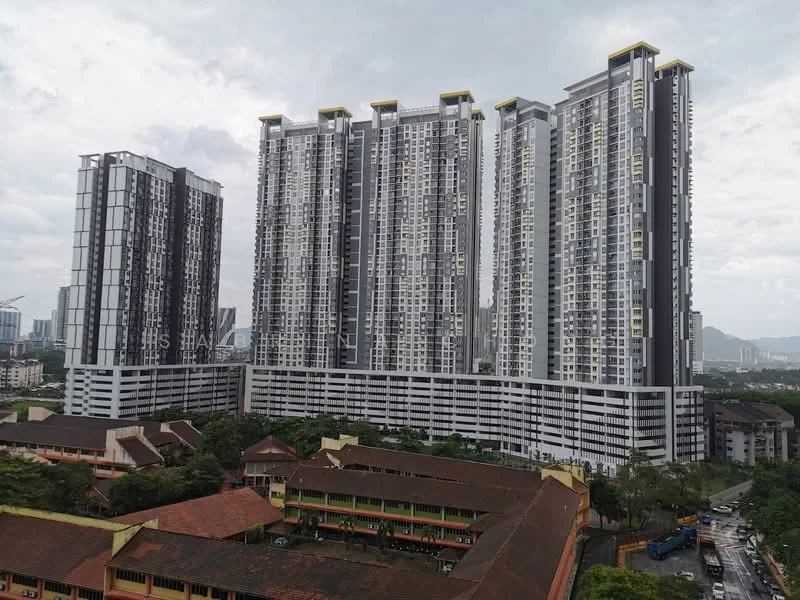 Exterior type: high-rise condominium; features: glass curtain wall, grey and white facade, recessed balconies, approximately 20-storey high-rise, surrounded by mature greenery, urban context with skyline view in background; style: modern.