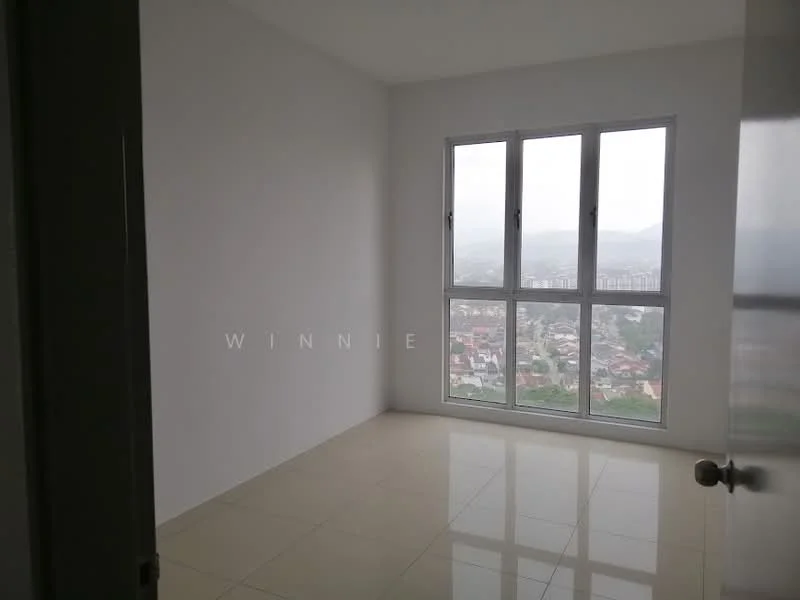 Bedroom features: white painted walls, glossy ceramic tile flooring, floor-to-ceiling windows, city view, no visible furniture, neutral color scheme, natural light, minimalist decor; style: modern; view: city.