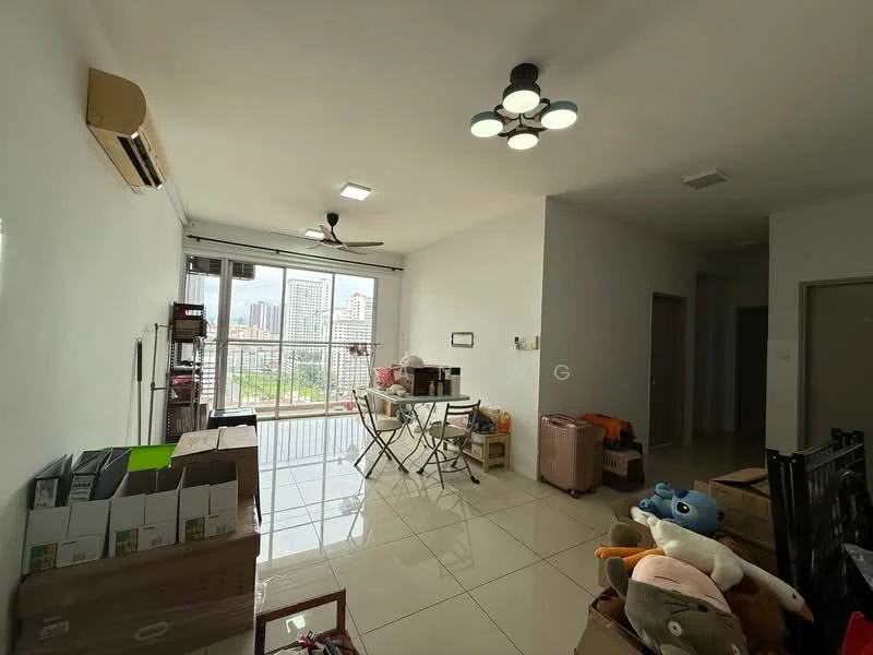 Living features: white painted walls, glossy tile flooring, 5-blade ceiling fan with light, wall-mounted split AC, floor-to-ceiling windows, sliding glass door, city view, dining table with chairs, various stuffed toys, storage boxes, black dining chairs, open layout; style: modern; view: city.