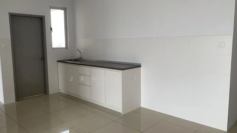 Kitchen features: white cabinetry, grey countertop, single-bowl stainless-steel sink, chrome pull-down faucet, white tiled backsplash, ceramic tile flooring, window with natural light, wall-mounted electrical outlet; style: modern.