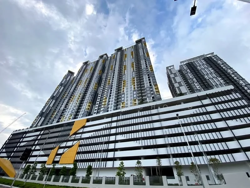 Exterior type: high-rise condominium; features: glass curtain wall, yellow accent panels, exposed concrete facade, multiple balconies, approximately 30-storey high-rise, manicured landscaping at base, modern architectural design, surrounded by greenery; style: modern.