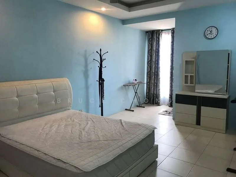 Bedroom features: queen-size bed with upholstered headboard, light blue painted walls, white tiled flooring, floor-to-ceiling window with sheer curtains, decorative wall clock, built-in wardrobe with mirror, ironing board, clothes rack, recessed ceiling lights; style: modern.