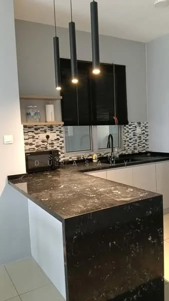 Kitchen features: black marble countertop, white cabinetry, black pendant lights, black and white mosaic tile backsplash, single-bowl stainless-steel sink, chrome pull-down faucet, floor-to-ceiling window, grey painted walls, cream tile flooring; style: modern.