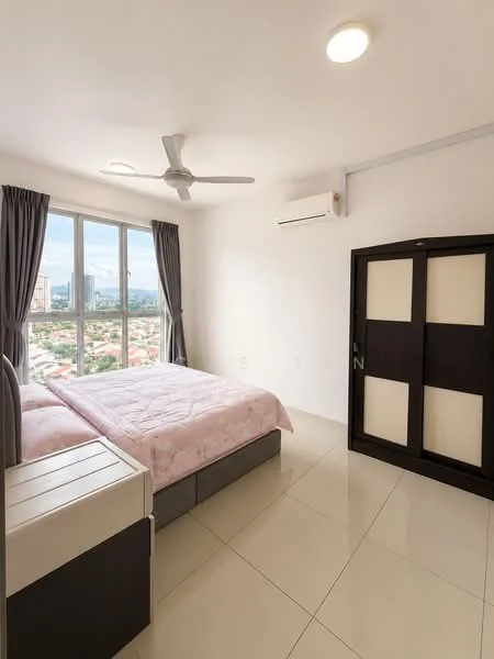 Bedroom features: king-size bed with pink bedding, 2 bedside tables, built-in wardrobe with sliding doors, floor-to-ceiling windows, curtains, 5-blade ceiling fan, wall-mounted split AC, white painted walls, glossy tile flooring, recessed ceiling lights; style: modern; view: city.