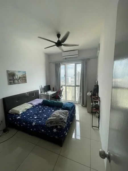 Bedroom features: queen-size bed with star-patterned bedding, 2 bedside pillows, ceiling fan with light, floor-to-ceiling window, curtains, wall-mounted desk with computer, wall art, light-colored walls, glossy tile flooring, air conditioning unit; style: modern; view: city.