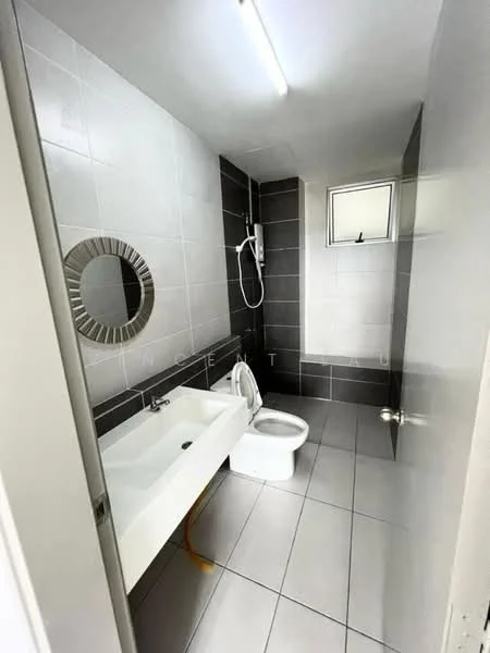 Bathroom features: white ceramic toilet, single-sink vanity with integrated basin, mirror with circular frame, shower with handheld showerhead, grey tiled walls, white tiled flooring, window for natural light, flush ceiling light; style: modern.