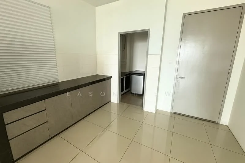 Room features: grey cabinetry with flat-panel design, black countertop, white walls, glossy floor tiles, window with blinds, door leading to another room, door with handle, neutral color scheme; style: modern.