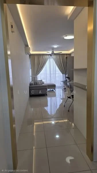 Room features: glossy tile flooring, white painted walls, recessed downlights, floor-to-ceiling windows, sheer curtains, sofa in grey, dining table with chairs, air conditioning unit; style: modern; view: city.