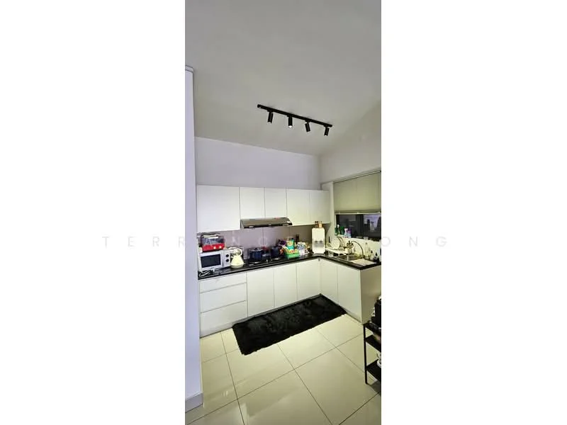 Kitchen features: white flat-panel cabinets, black countertop, stainless-steel sink, chrome pull-down faucet, built-in oven, freestanding range oven, microwave, refrigerator, track lighting, ceramic tile flooring, black area rug, window with blinds; style: modern.