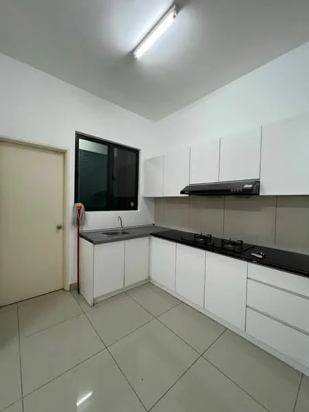 Kitchen features: white cabinetry, black countertop, single-bowl stainless-steel sink, chrome pull-down faucet, built-in gas hob, exhaust hood, ceramic tile flooring, white painted walls, window with black frame, fluorescent ceiling lights; style: modern.