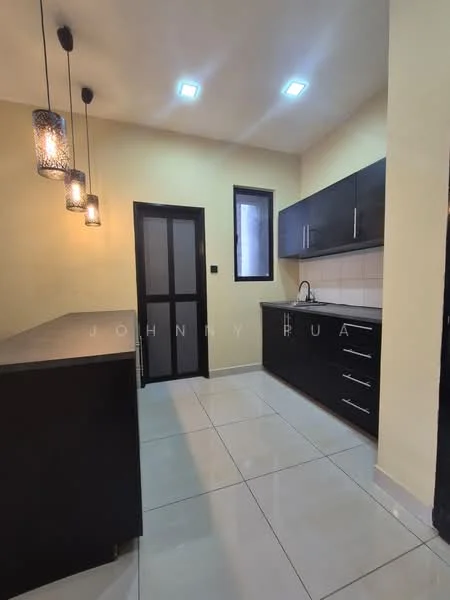 Kitchen features: black cabinetry, white tiled backsplash, stainless-steel sink, chrome pull-down faucet, countertop with overhang for seating, built-in oven, 4-burner gas hob, pendant lighting, recessed LED downlights, ceramic tile flooring, neutral painted walls, window with black frame; style: modern.