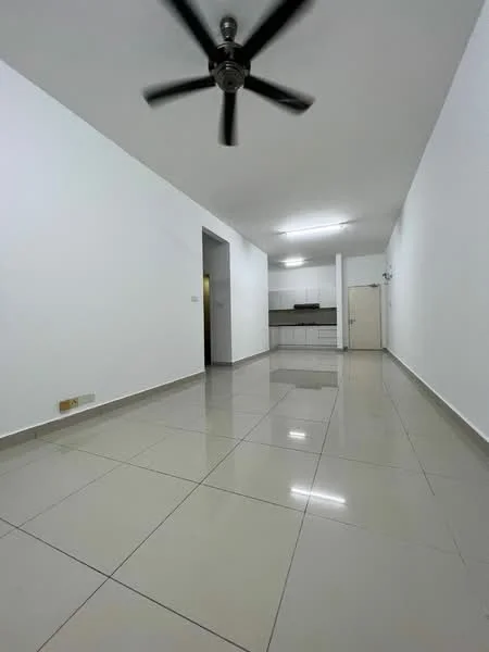 Room features: white painted walls, glossy ceramic tile flooring, 5-blade ceiling fan, recessed LED downlights, open layout, kitchen area visible in background, neutral color scheme, no visible furniture; style: modern.