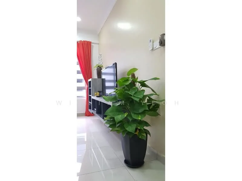 Living features: white painted walls, glossy tile flooring, floor-to-ceiling windows, red curtains, TV console, wall-mounted TV, indoor plant in pot, shelving unit; style: modern.