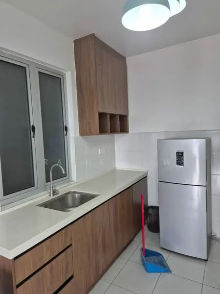 Kitchen features: single-bowl stainless-steel sink, chrome pull-down faucet, white quartz countertop, wood cabinetry with brown finish, upper cabinets with open shelving, stainless-steel fridge, white tiled backsplash, grey floor tiles, window with sliding glass, broom and dustpan, waste bin; style: modern.