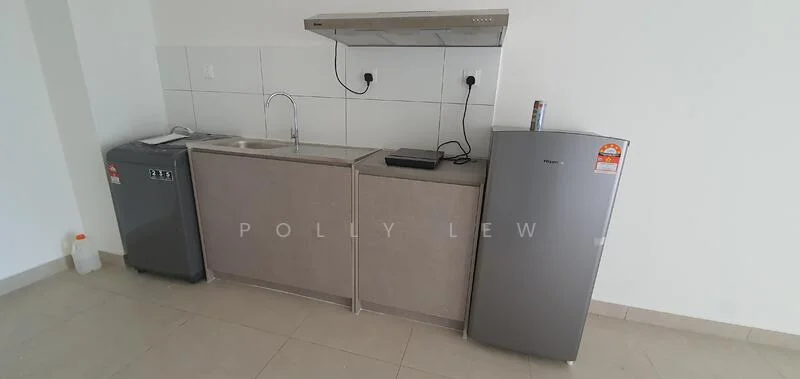 Kitchen features: single-bowl stainless-steel sink, chrome pull-down faucet, grey laminate countertop, kitchen cabinetry with flat-panel design, built-in stove, stainless-steel fridge, grey washing machine, tile backsplash, ceramic tile flooring, wall-mounted range hood; style: modern.