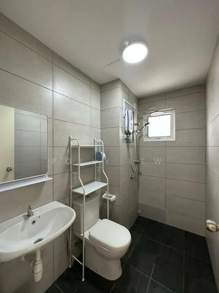 Bathroom features: grey tiled walls, black tiled flooring, single-sink vanity with wall-mounted mirror, one-piece toilet, shower area with handheld shower, wall-mounted water heater, recessed ceiling light, open shelving unit; style: modern.