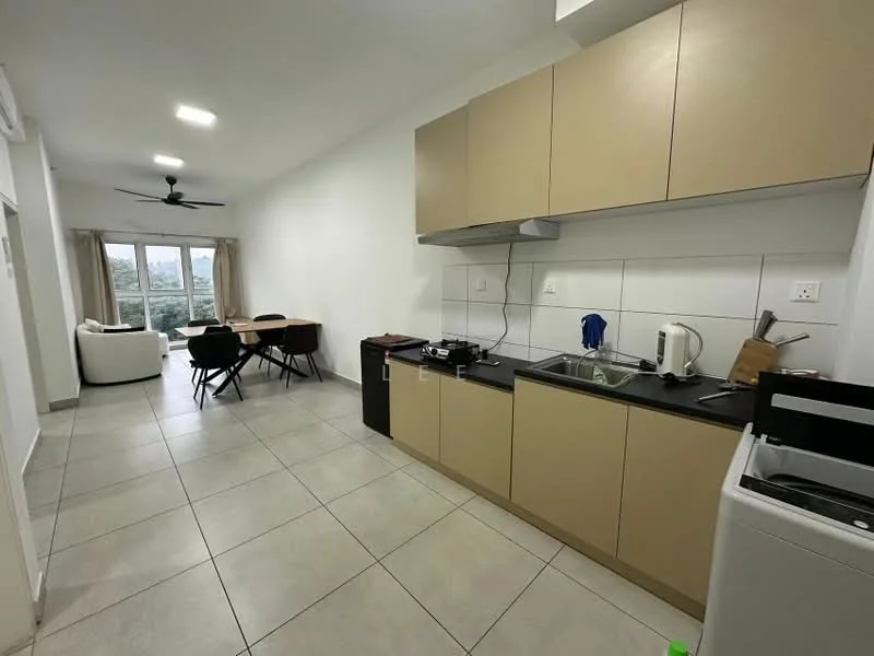 Kitchen features: light brown cabinetry, white tiled backsplash, stainless-steel sink, chrome pull-down faucet, built-in stove, kitchen countertop, refrigerator, washing machine, tile flooring, ceiling fan, open layout to dining area; style: modern; view: city. Dining features: round dining table, 4 black dining chairs, natural light from window; style: modern; view: city. Living features: white fabric sofa, natural light from window; style: modern; view: city.