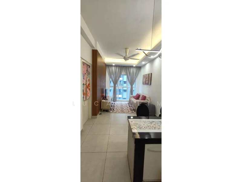 Room features: grey tiled flooring, white painted walls, ceiling fan with light, large window with sheer curtains, sofa with pink cushions, decorative wall art, recessed lighting, open layout, kitchenette with countertop, dining table, area rug with geometric pattern; style: modern; view: city.