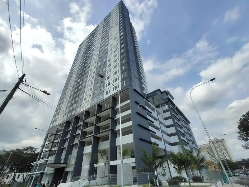 Exterior type: high-rise condominium; features: glass curtain wall, projecting balconies, approximately 20-storey high-rise, manicured landscaping, palm trees, modern facade with grey and white accents, multiple entrances, street lighting, surrounded by urban context; style: modern.