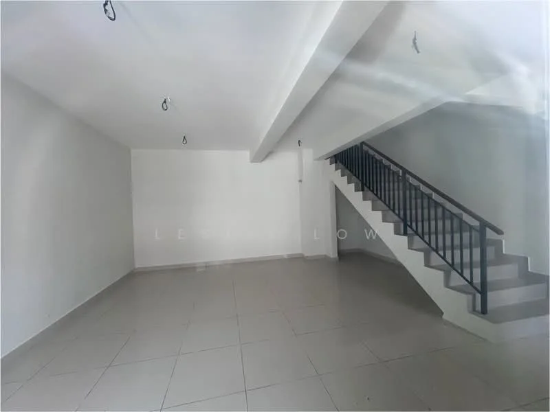 Room features: white painted walls, tile flooring, staircase with metal railing, recessed ceiling lights, open layout, large open space, no visible furniture, natural light from windows; style: modern.