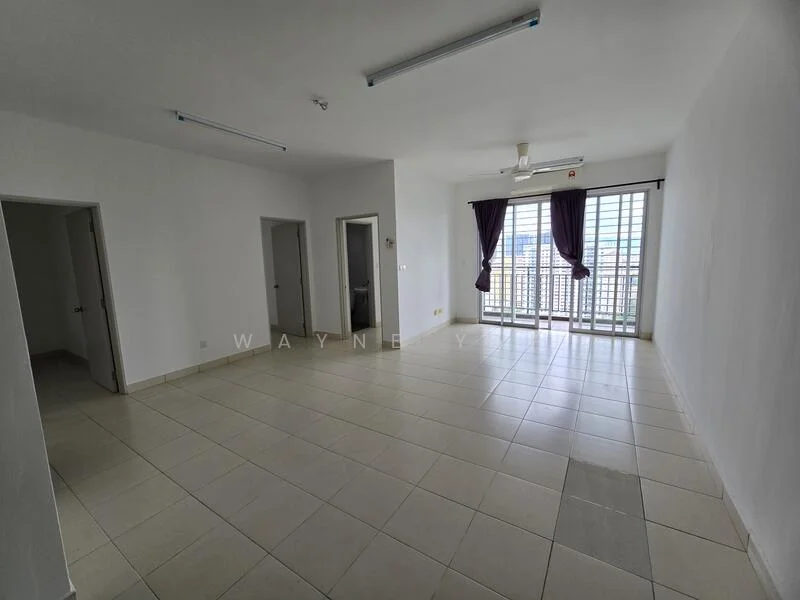 Living features: white painted walls, tile flooring, 5-blade ceiling fan, floor-to-ceiling windows, sliding glass door, purple curtains, natural light, open layout; style: modern; view: city. Room features: white painted walls, tile flooring, doorway to adjacent rooms.