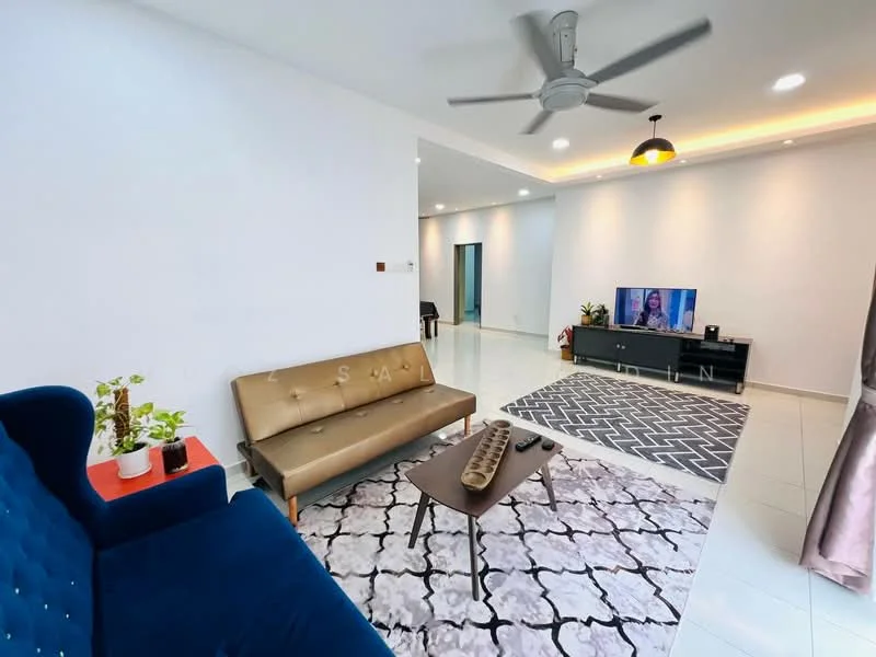 Living features: blue fabric sofa, brown leather sofa, coffee table, area rug with geometric pattern, wall-mounted TV, TV console, 5-blade ceiling fan with light, recessed downlights, white painted walls, glossy tile flooring, decorative plants, curtains; style: modern.