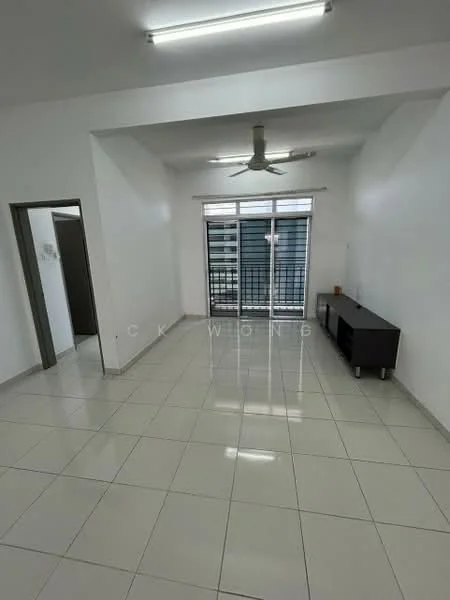 Living features: white painted walls, glossy ceramic tile flooring, 5-blade ceiling fan with light, floor-to-ceiling sliding glass door, black TV console, natural light from windows, neutral decor, open layout; style: modern.