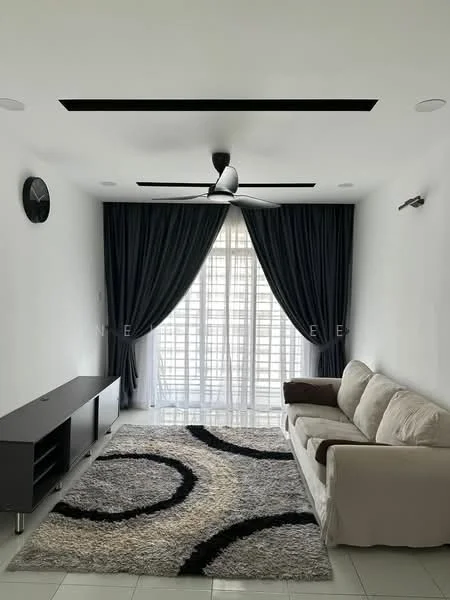 Living features: white painted walls, polished tile flooring, 5-blade ceiling fan with light, floor-to-ceiling windows, sheer curtains, blackout curtains, sofa in beige, coffee table, area rug with circular pattern, TV console in dark wood, wall-mounted clock, recessed ceiling lights; style: modern.