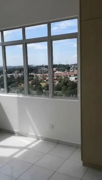 Room features: floor-to-ceiling windows, white walls, light-colored cabinetry, tile flooring, city view, natural light, neutral color palette; style: modern; view: city.