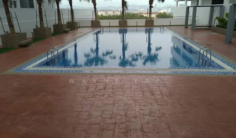 Exterior type: swimming pool deck; features: infinity pool, pool deck with loungers, palm trees, tiled pool edge, textured concrete flooring, surrounding fencing, city skyline in background; style: modern.
