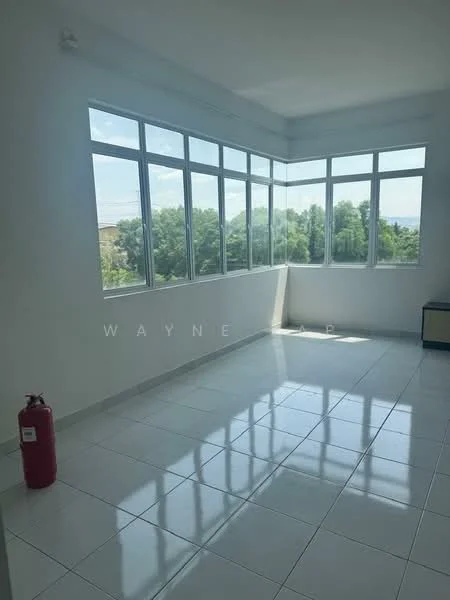Room features: white painted walls, glossy ceramic tile flooring, floor-to-ceiling windows, natural light, fire extinguisher, corner windows, view of greenery; style: modern; view: garden.