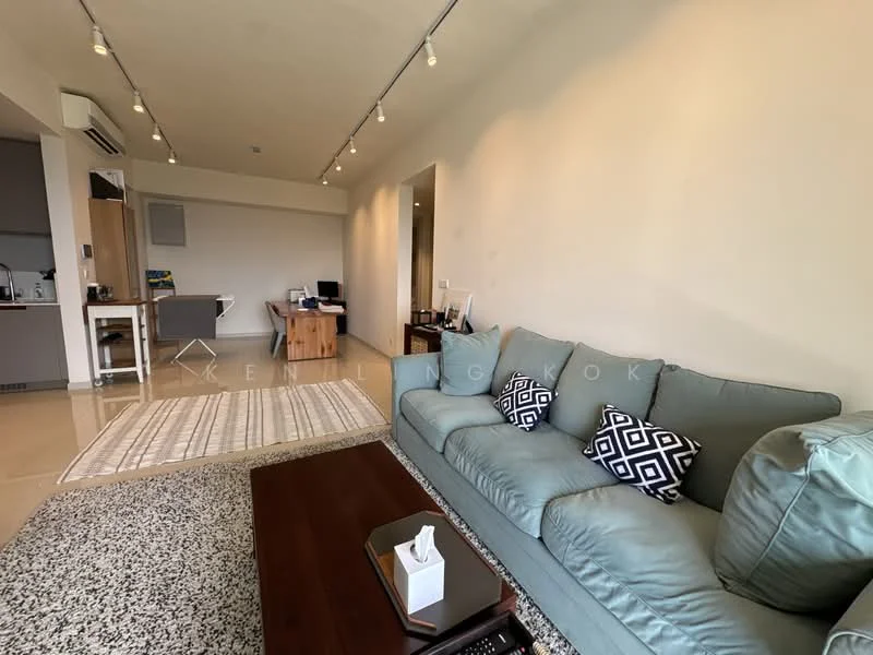 Living features: 3-seater leather sofa in light blue, decorative cushions with geometric patterns, coffee table, area rug with textured pattern, recessed downlights, wall-mounted air conditioning unit, open-plan layout, floor-to-ceiling windows, wooden flooring, study desk with chair, computer workstation, TV console, wall-mounted TV; style: modern.