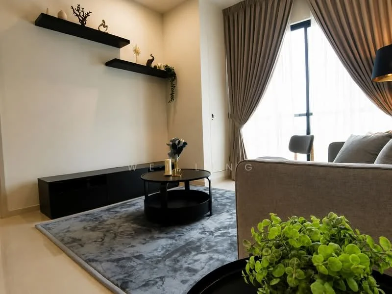 Living features: grey area rug, black round coffee table, black TV console, light grey fabric sofa, floor-to-ceiling windows, sheer curtains, decorative plant in pot, wall-mounted shelf, decorative items on shelf, wall with neutral paint, recessed lighting; style: modern; view: city.