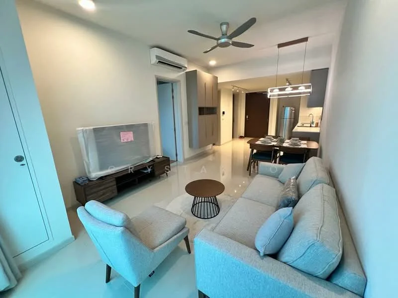 Living features: 3-seater fabric sofa in light grey, accent chair in light grey, round wooden coffee table, wall-mounted TV, TV console in dark wood, recessed downlights, ceiling fan with light, air conditioning unit, open layout to kitchen, light-colored tiled flooring, neutral painted walls; style: modern. Kitchen features: stainless-steel fridge, built-in oven, kitchen cabinetry in dark wood, countertop with bar seating, pendant lighting above countertop, open-plan layout to living area; style: modern.