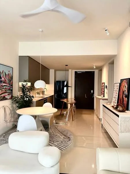 Living features: white walls, glossy tile flooring, 5-blade ceiling fan with light, round dining table, 4 white dining chairs, black refrigerator, kitchen cabinetry in grey, pendant light above dining table, decorative artwork on walls, plant in ceramic pot, sofa in white upholstery, area rug with geometric pattern, sideboard with decorative items; style: modern.