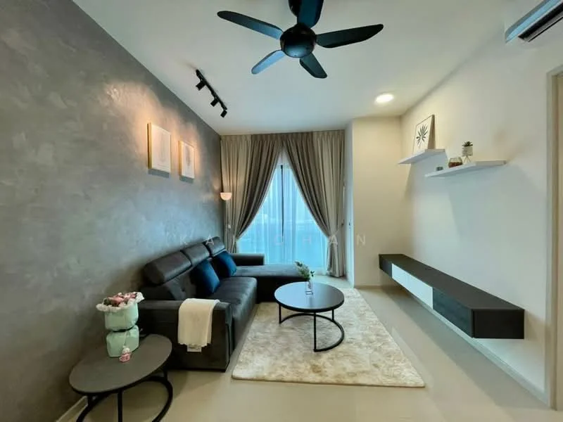 Living features: 3-seater fabric sofa in dark grey, round coffee table with black metal frame, area rug with neutral color, floor-to-ceiling windows with sheer curtains, wall-mounted TV console in black, decorative wall shelf, 5-blade ceiling fan with light, accent wall with textured finish, decorative wall art, potted plant on coffee table; style: modern; view: city.