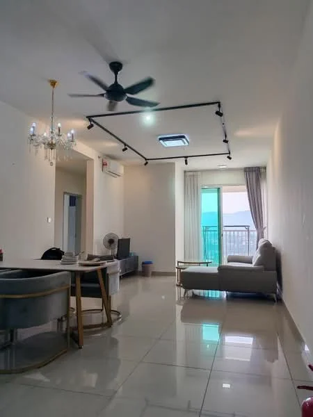 Living features: white painted walls, glossy ceramic tile flooring, 5-blade ceiling fan with light, chandelier, floor-to-ceiling windows, sliding glass door, sheer curtains, sofa in light color, coffee table, TV console, area rug, wall-mounted air conditioning unit; style: modern; view: city.