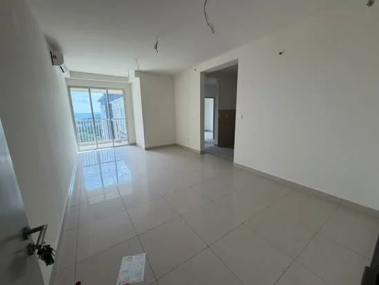 Room features: white painted walls, glossy ceramic tile flooring, floor-to-ceiling windows, sliding glass door, natural light from windows, ceiling with exposed wiring, neutral color scheme; style: modern; view: city.