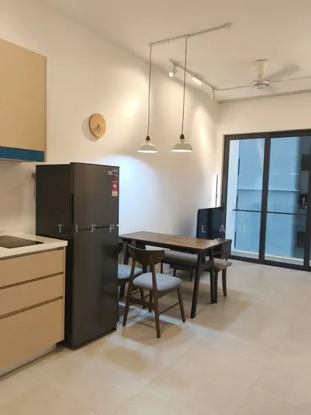 Kitchen features: light brown cabinetry, blue accent cabinetry, black refrigerator, white countertop, stainless-steel sink, chrome faucet, 2 pendant lights, ceiling fan, dining table with 4 chairs, sliding glass door, tile flooring, neutral wall color; style: modern.