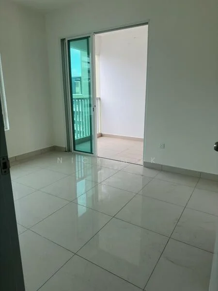 Room features: white painted walls, large floor tiles, sliding glass door, balcony access, natural light from windows, neutral color scheme, no visible furniture, clean and uncluttered space; style: modern.