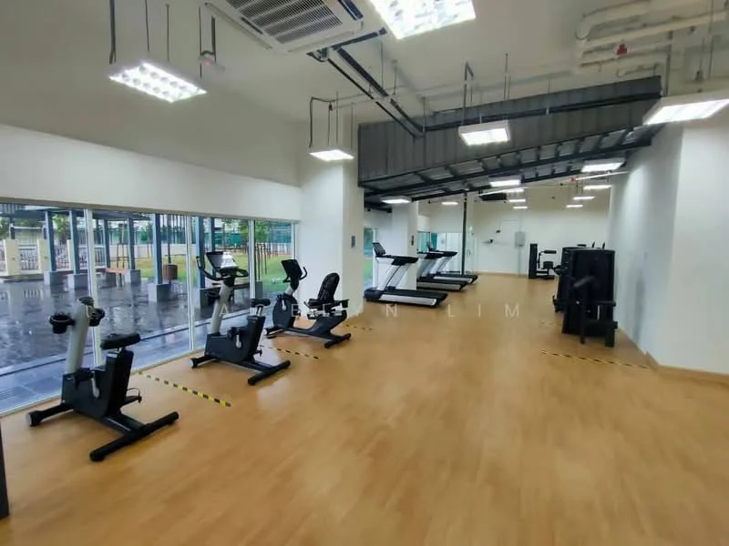 Room features: wood laminate flooring, large windows with views of outdoor area, multiple treadmills, stationary bikes, weight training equipment, ceiling-mounted air conditioning units, LED ceiling lights, open layout, safety markings on the floor; style: modern; view: garden.