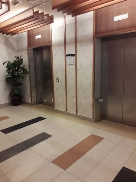 Room features: elevator doors, marble wall cladding, wood paneling, tile flooring in beige, cream, and brown, decorative wooden ceiling beams, indoor plant in pot, elevator call button, information board; style: modern.