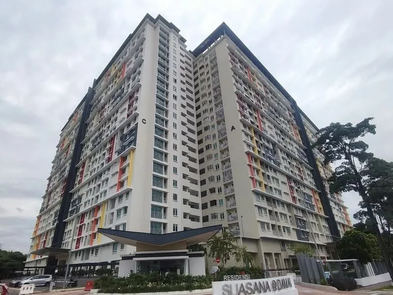 Exterior type: mid-rise condominium; features: multi-storey building, glass curtain wall, white painted facade, colorful accent panels, projecting balconies, flat roof, surrounded by greenery; style: modern.