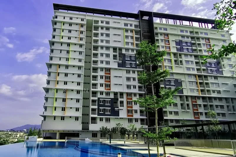 Exterior type: high-rise condominium; features: multi-storey building, glass curtain wall, white painted facade, grey accent panels, recessed balconies, landscaped garden area, infinity pool, surrounded by greenery, mountain view in background; style: modern.