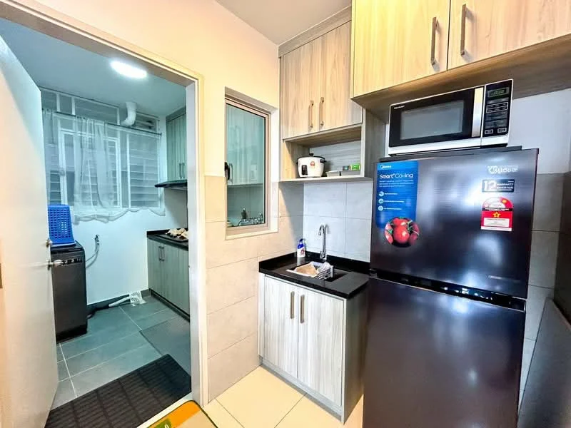 Kitchen features: black granite countertop, light wood cabinetry, stainless-steel fridge, built-in microwave, ceramic tile flooring, single-bowl stainless-steel sink, chrome pull-down faucet, wall-mounted cabinets, window above sink, kitchen appliances, grey tiled backsplash, recessed ceiling lights; style: modern.